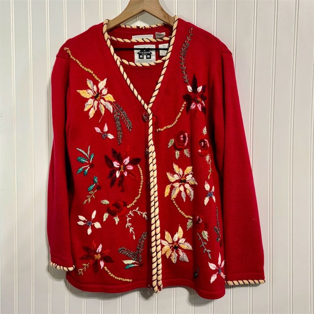 Storybook Knits 2-PC M Holiday Floral Embroidered Sweater Cardigan Shell Red